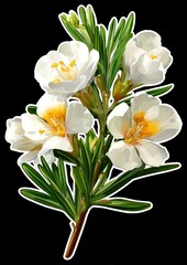 Botanical illustration of white flowers with yellow centers and narrow green leaves, isolated on a black background with subtle white outline
