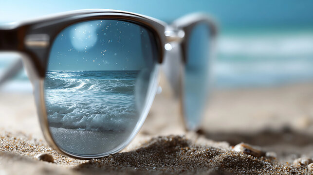 Sunglasses Reflection: Close-up of sunglasses with a reflection of the ocean, showcasing a glimpse of paradise. Evoking a sense of escape and carefree relaxation on a sun-kissed beach.