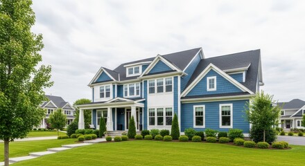 A beautiful blue suburban house with white trim and lush green landscaping on a