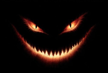 A chilling image of a menacing smile and glaring eyes emerging from darkness. The orange glow enhances the frightening and eerie nature