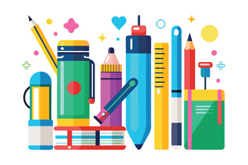 Colorful arrangement featuring pencils, pens, ruler, and other school stationery items over a white background