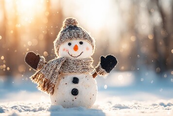 A charming snowman with a scarf and hat stands in snow, glowing in warm sunlight with delicate bokeh forming in the background