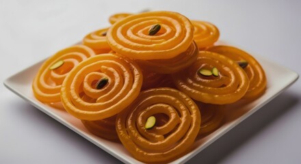 Fototapeta premium Delicious Jalebi Indian Sweet Dessert on a White Plate Close Up