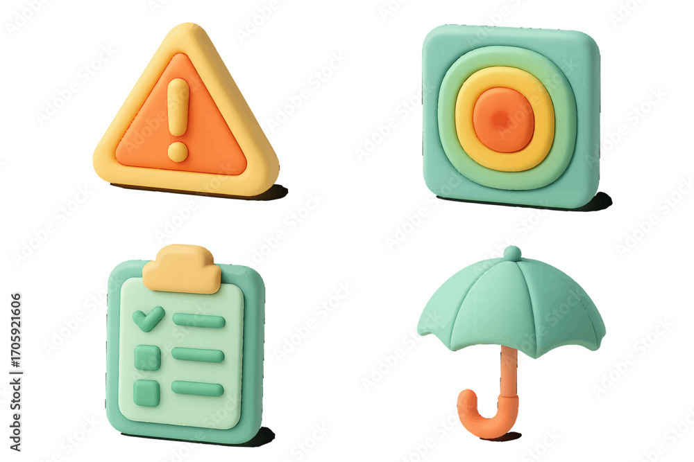 Poster modern claymorphism icon set with warning triangle, target symbol, checklist on clipboard, and umbre