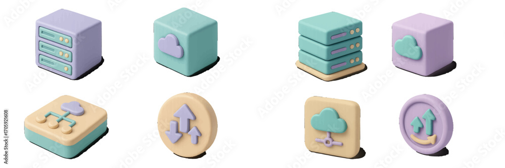 Poster modern 3d icon set for cloud computing, data storage, server hosting, and network technology concept