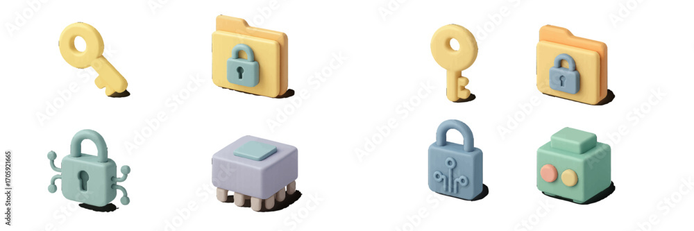 Poster Cybersecurity and data protection 3D icon set featuring key, lock, folder, and microchip symbols for technology and privacy concepts