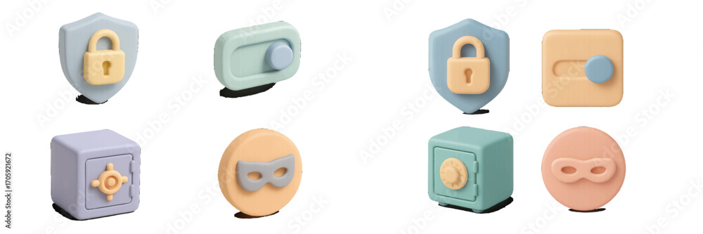 Poster collection of modern 3d icons for cybersecurity and data privacy including a shield with lock, a vau