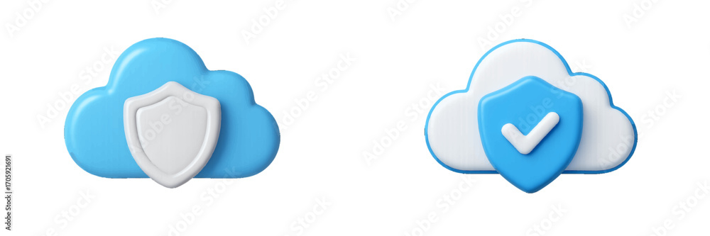 Poster 3d cloud security icons with shield and checkmark for data protection and online privacy concepts is