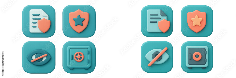 Poster 3d security and privacy icon set with document protection, shield, hidden eye, and safe symbols for 
