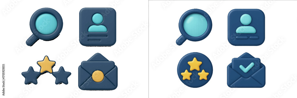 Poster 3d business and communication symbols including search, user profile, star rating, and mail message 