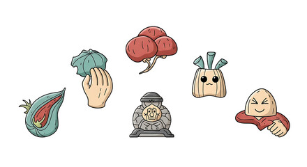 Cartoon Food Elements and Stone Figure