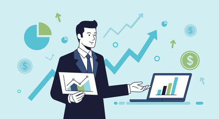 Fototapeta premium Financial Success: An Analytical Businessman Presenting Growth Charts and Data Analysis