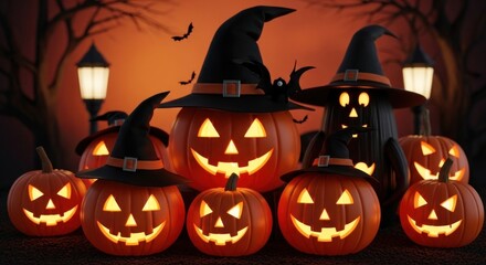 Spooky halloween pumpkins glowing with witch hats on a dark orange night