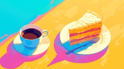 Colorful dessert scene, vibrant cake slice with coffee cup, playful background, perfect for food blogs or social media posts.