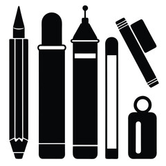 Minimalist rendering shows black stationery icons including pen, markers, sharpener, and eraser