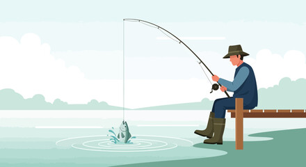 Fisherman Caught A Fish On A Lake, Doing Fishing Enjoying The Wonderful Landscape Scenery