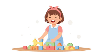 Happy Child Plays With Colorful Wooden Blocks And Expresses Delightful Moments Of Joy