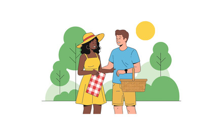 Happy Couple Planning A Relaxed Date In The Park With Picnic Basket And Blanket