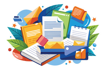 A colorful illustration featuring organized documents, envelopes, and office supplies arranged neatly on a white background