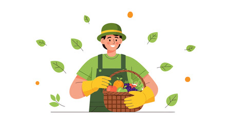 Happy Farmer Presents Abundant Harvest in Cozy Style with Vibrant Fruit Basket Display