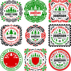 Obraz premium Family Christmas, making memories together. Vector illustration, label, stamp with Christmas trees. Bundle set, template for personalization with custom family name