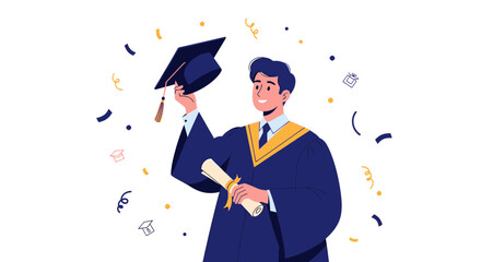 Happy Graduate Celebrating Academic Achievement Holding Diploma and Throwing Mortarboard