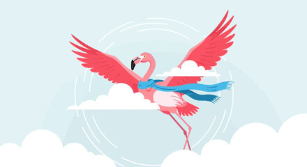 Flamingo Soaring Through The Sky With Elegance Above Clouds, A Colorful Illustration