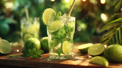 Refreshing Mojito on Display: A captivating display of a classic Mojito, brimming with fresh lime and vibrant mint, rests on a wooden surface. The scene captures the essence of a perfect summer drink.