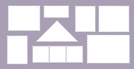  Blank mail frames with squiggly perforated borders.  Retro postage stamp set.Vector postmarks and postal shapes isolated on background. Flat paper design for packaging and branding.
