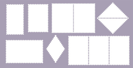 Vector set of blank postage stamps. Empty mail frames with perforated borders. Collection of postal shapes and paper postmarks isolated on white background. Flat design template.