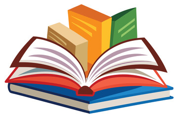 Open red book reveals three standing books behind it in colorful illustration