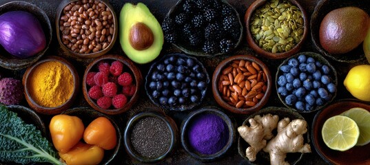 A colorful arrangement of diverse, healthy ingredients in small, rustic bowls, including fruits, vegetables, and powders, top-down view