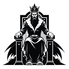 Bearded king wearing a crown is sitting sternly on his throne in black and white