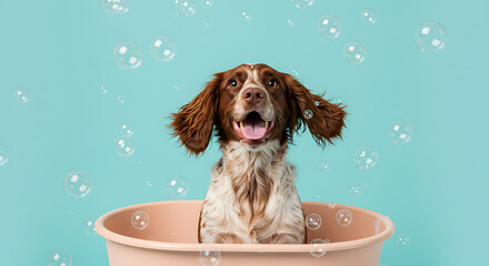 Long-Eared Dog in Pink Tub &ndash; Playful Bath Scene with Floating Bubbles