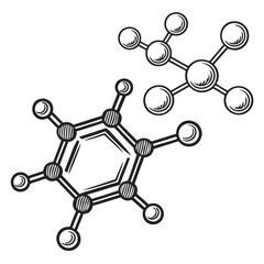 Two molecule structures are featured, with one shaped like a hexagon on isolated white