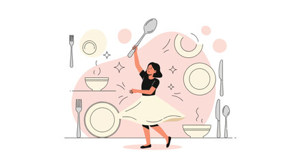 Obraz premium Joyful Culinary Dance: A Whimsical Illustration of Food Preparation And Celebration