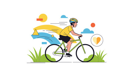 Fototapeta premium Joyful Cyclist Riding Through a Whimsical Landscape With Bright Colors and Sunny Elements