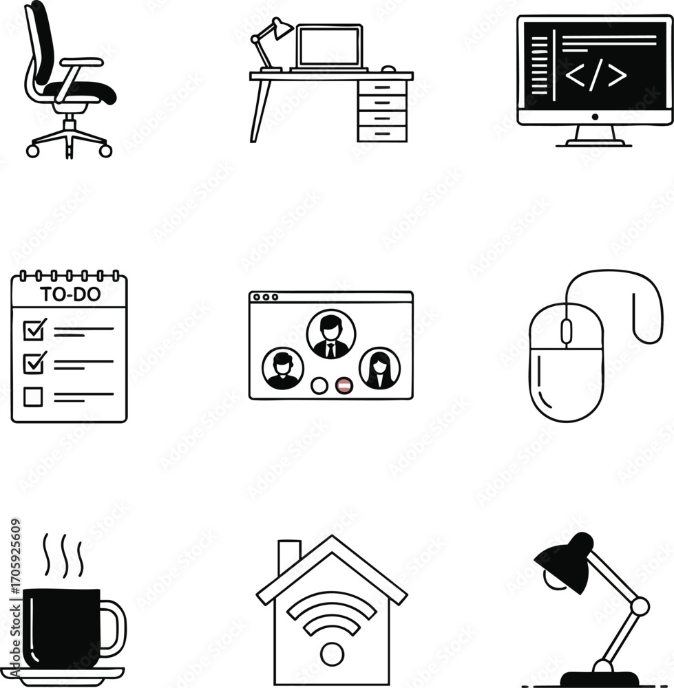 Poster set of line art icons representing office and remote work elements