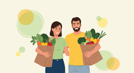 Healthy Couple Displaying Fresh Groceries Bags After Shopping, Celebrating a Good Purchase