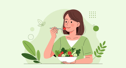 Healthy Eating Enjoyment: A Woman Savoring a Vibrant Salad, Promoting Wellness