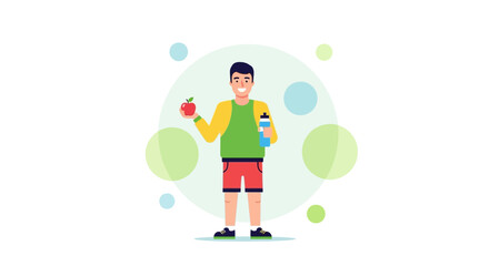 Healthy Lifestyle Illustration: Man Offering Apple and Holding Water Bottle for Wellness