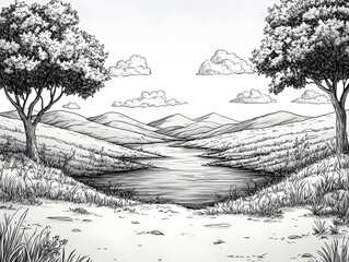 Fototapeta premium A serene landscape sketch depicts a tranquil river winding through rolling hills and valleys framed by trees under a cloudy sky