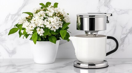 White Coffee Maker and Blooming Flowers on Marble Surface