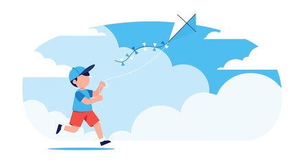 Joyful Little Boy Playing And Running With His Kite Under Colorful Skies Illustration