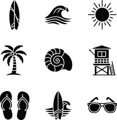 Fototapeta premium Summer beach icons: surfboard, wave, sun, palm tree, seashell, lifeguard tower, flip-flops, and sunglasses
