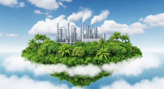 A surreal floating island in the sky showcases a lush green jungle with a large