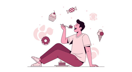 Joyful Man Relishing Sweet Treats: An Illustration of Dessert Indulgence Happiness