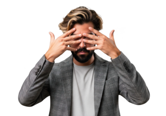Man covering eyes with hands hiding peeking looking searching seeking visualizing concept image stock photo isolated on transparent background