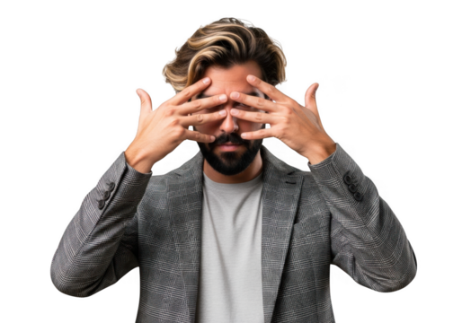 Man covering eyes with hands hiding peeking looking searching seeking visualizing concept image stock photo isolated on transparent background