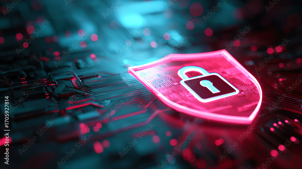 Poster futuristic digital security background with neon lock symbol designed for technology, cybersecurity,